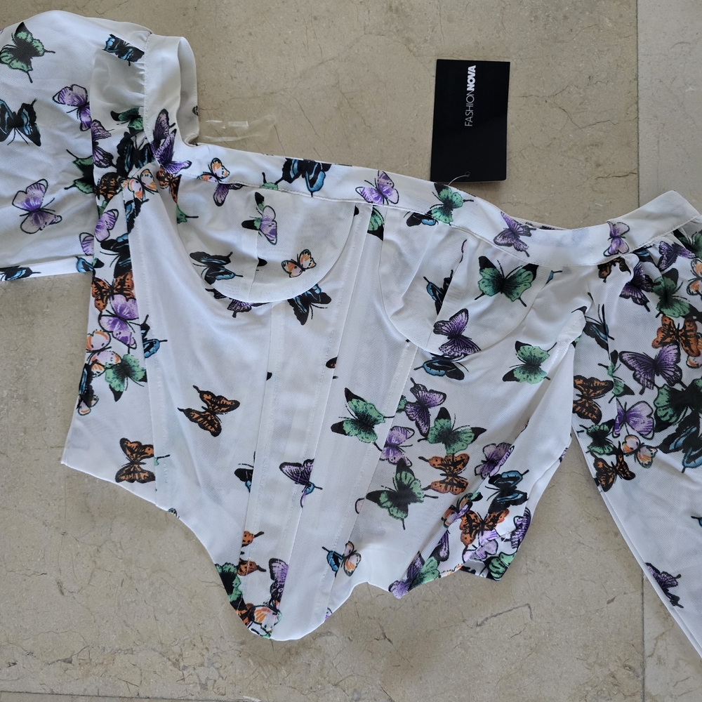 Fashion Nova White Corset Top with Butterfly Print